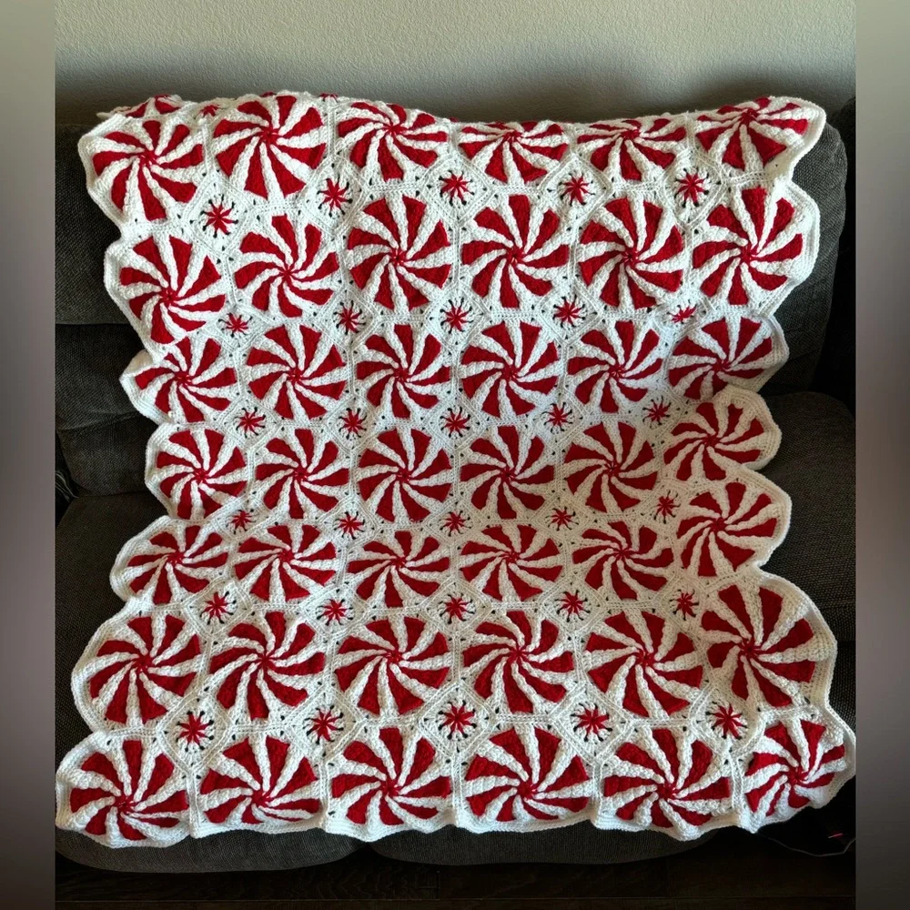New Peppermint afghan, crochet, hand made, Red /white Approximately 56” X 68”